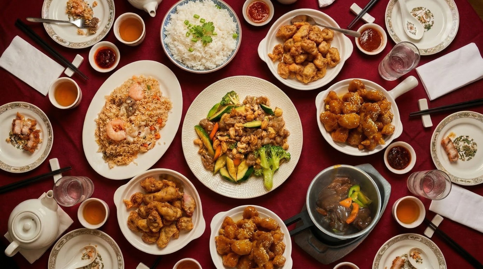My Friends Asian Restaurant — a spread of Chinese dishes on a table